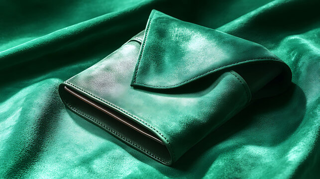 Rich emerald green suede fabric with soft shadows and directional top light, presenting a luxury leather wallet flat on the surface