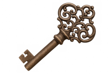 Antique ornate key isolated on transparent background, representing security, mystery, and access, ideal for vintage or historical concepts
