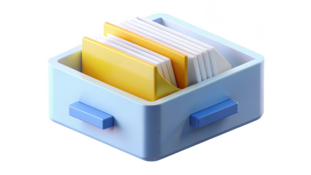 3d render of a modern pastel blue filing cabinet with yellow and white documents inside