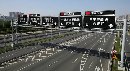 Empty Highway Leads Through An Urban Landscape With Directional Road Signs