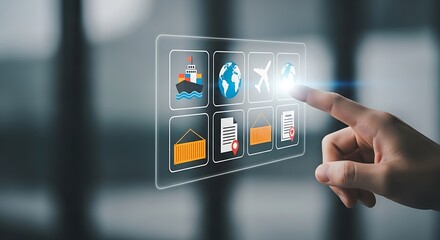 Hand Touching Digital Logistics Icons Ship Plane Globe Container Document for Global Shipping
