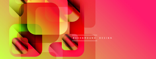 Abstract geometric shapes overlap, creating vibrant color gradients. Red, yellow, green hues dominate design. Modern aesthetic.