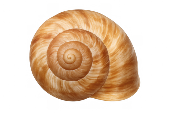 Close-up of an empty, polished snail shell with a beautiful spiral pattern, isolated on a transparent background