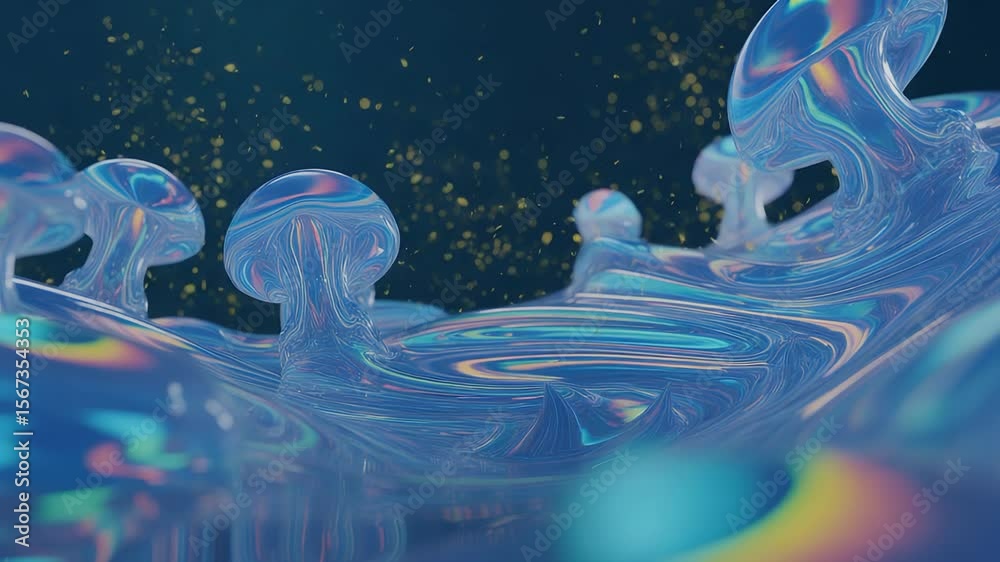 Poster iridescent fluidscape: a mesmerizing abstract fluid surface shimmers with an iridescent glow, refrac