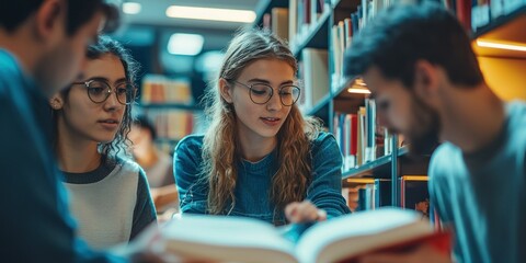 A group of students collaborating on a project in a study area of the library