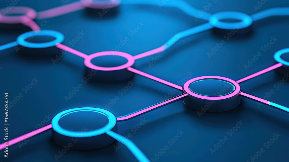 Wall mural abstract digital network illustration with glowing nodes and connecting lines in bright blue and pin