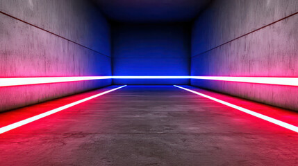 Futuristic Empty Room with Neon Lights and Concrete Walls, Dramatic Lighting and Shadows for Modern Design, 3D Rendering, Digital Art Exploration