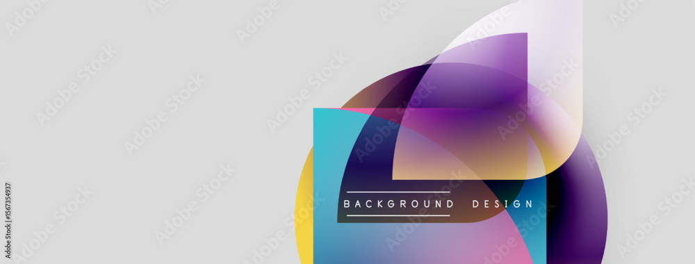 Poster Abstract colorful shapes overlap, creating dynamic visual effect. Background features gradients, text elements, modern design aesthetic.