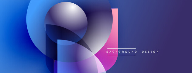 Abstract geometric shapes overlap, creating vibrant blue, purple gradients. Modern design elements suggest fluidity, innovation. Background includes text background design.