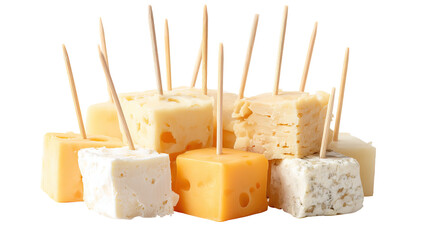 Cheese Cubes with Toothpicks – Neatly Cut Cheese Cubes on Transparent Background

