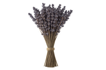 Tied bunch of dried lavender flowers isolated on transparent background, ideal for aromatherapy, potpourri, or decorative purposes