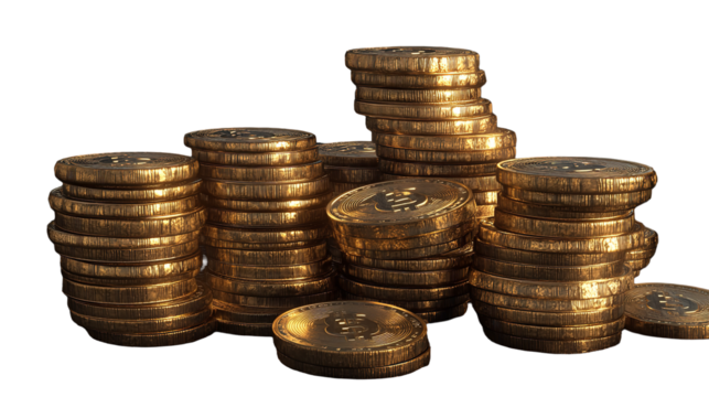 A glistening hoard of golden Bitcoin symbolizing wealth and prosperity on transparent background