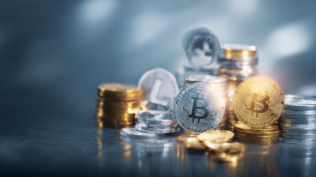 Stacks of cryptocurrency coins with Bitcoin symbols, intricate designs, and circuitry patterns, showcasing gold and silver tones on a blurred blue background.