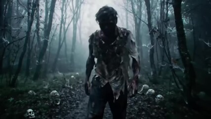 A zombie emerges from a foggy forest path littered with skulls, creating a chilling horror scene