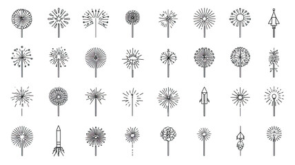 Minimalist Fireworks Line Icons – Thin-Line Style Firework Icons on Transparent Background

