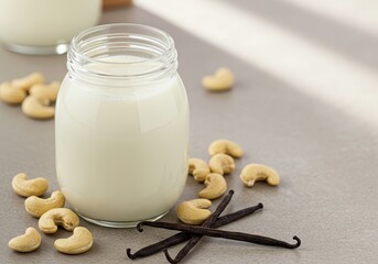 Glass jar of creamy cashew milk with cashews and vanilla beans on a stone countertop in soft natural light