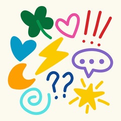 hand-drawn symbols including hearts, stars, and punctuation