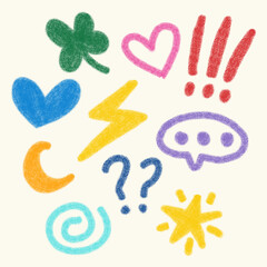 hand-drawn symbols including hearts, stars, and punctuation