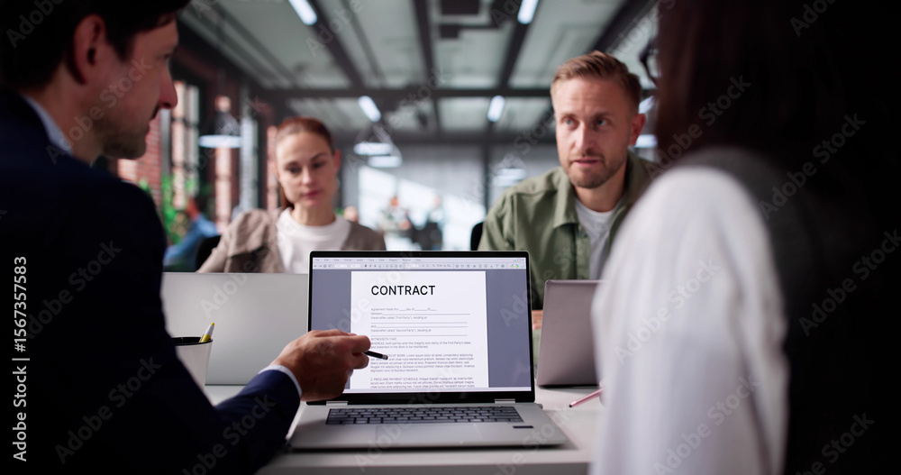 Poster legal team analyzing contracts in diverse office setting