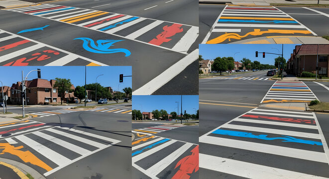 Artistic Crosswalk Design Features Colorful Zebra Stripes And Abstract Motifs On A Paved Roadway