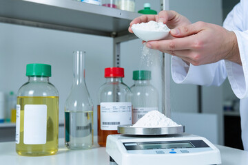 Precise laboratory technician measuring chemical compounds using digital scale with various sample bottles showcasing accurate scientific research and analytical procedures