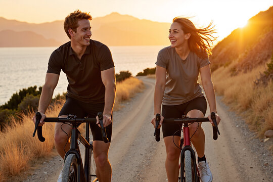 Happy couple enjoying romantic sunset bicycle ride together on scenic mountain road with golden hour lighting creating perfect outdoor adventure and fitness lifestyle moment