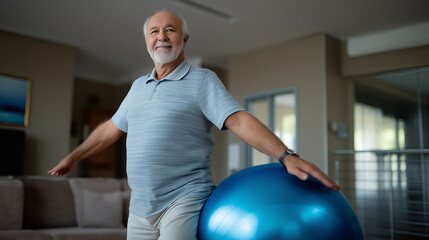 Elderly man performing balance exercises on a stability ball
