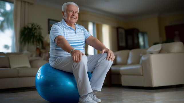 Elderly Man Balancing on Stability Ball for Fitness and Health Benefits - Powered by Adobe