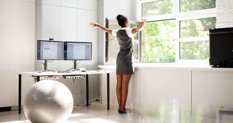 Office Window Open, African American Woman Relaxing
