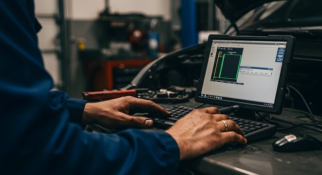 Diagnostic Expertise: A skilled mechanic meticulously reviews data on a laptop, immersed in the process of troubleshooting vehicle issues within a workshop setting.