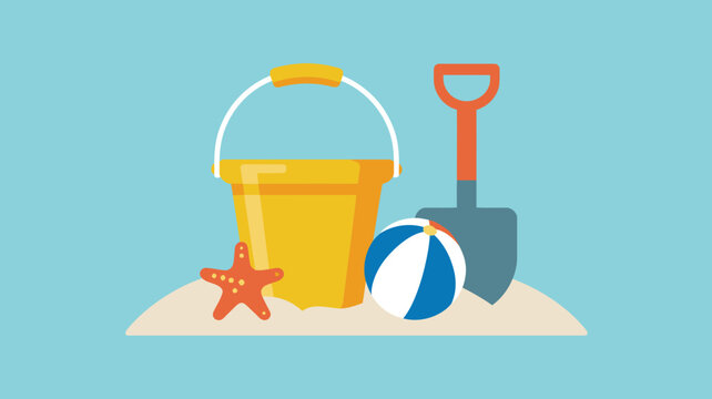 Beach summer vacation holiday sand toys bucket spade starfish ball illustration vector graphic design