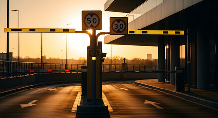 Entrance Of Modern Parking Garage With Sunset And Speed Limit Signs Seen