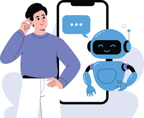 Chat bot ai assistant concept with man and robot using mobile phone for communication and support char
