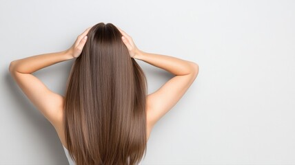 Fototapeta premium Healthy Long Brown Hair Held by Woman woman back view long hair straight hair brown hair shiny hair