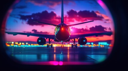 Colorful sunset view of airplane on runway