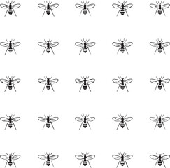 A repeating pattern of simple black and white insect illustrations