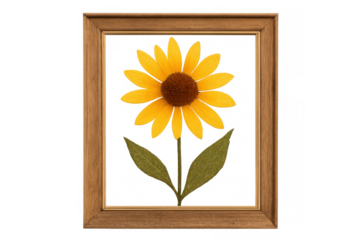Close-up of a framed embroidered sunflower on a transparent background, perfect for design projects