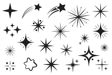 line sparkle vector set,doodle sparkle vector set, sunburst, rays, starburst, hand drawn elements illustration, black lines, outline, decorative, retro style.