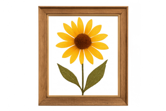 Close-up of a framed embroidered sunflower on a transparent background, perfect for design projects
