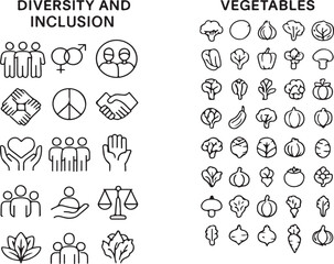 Icons depicting diversity inclusion and various types of vegetables