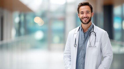 Fototapeta premium Photograph a young adult doctor with no beard in an ultra-realistic full-body portrait. He stands straight with hands relaxed at his sides, his slight smile radiating approachable expertise. The hospi