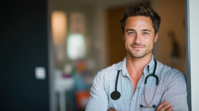 Photograph a young adult doctor standing naturally near a hospital room entrance, his slight smile reflecting confidence. His composed posture, highlighted by crisp, high-resolution lighting, contrast