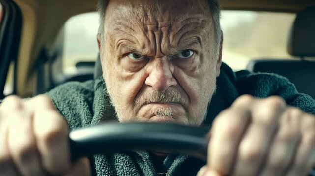 Angry Old Man Driving Car Gripping Steering Wheel