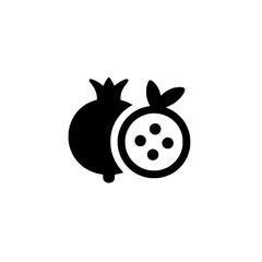 Black icon of two pomegranates with one halved, illustrating natural food, antioxidants, or fruit products.