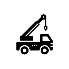 Naklejka premium Simple black tow truck icon with extended hook used for vehicle towing, roadside assistance, and automotive recovery services.