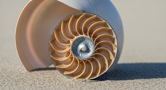 Detailed Spiral Nautilus Shell on Sand, Close-up View