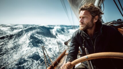 Photograph an ultra photorealistic cinematic still of a man at the helm of a sailing yacht, where his hands rest lightly on the controls and his gaze is set on the distant horizon. The choppy ocean ar