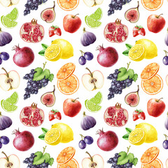 Fresh fruit and berries seamless pattern. Bright fruits with berry mix vintage style watercolor illustration. Hand drawn apples, strawberry, lime, lemon, grapes seamless pattern on white background