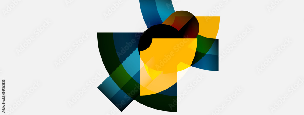 Poster Abstract geometric shapes overlap, creating dynamic composition. Colors include yellow, blue, green, dark tones. Minimalist design.