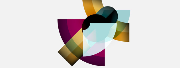 Abstract geometric shapes overlap, creating dynamic composition. Colors include gold, purple, black, plus light blue tones. Minimalist design.